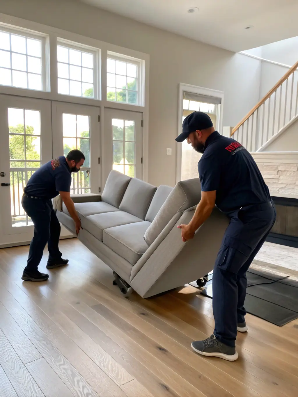 A photo of a moving crew carefully wrapping furniture with protective blankets inside a residential home, ensuring its safety during the move for Déménagement et Entreposage A.M. Inc.