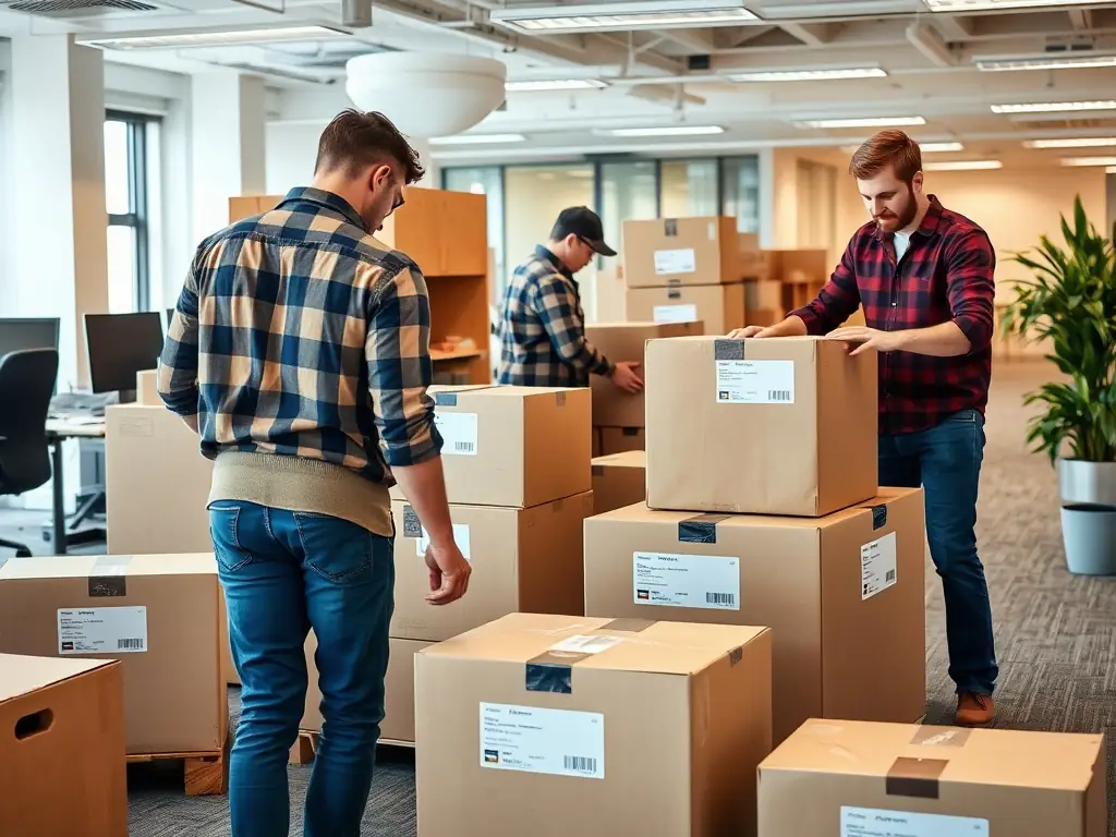 A photograph of Déménagement et Entreposage A.M. Inc. movers carefully packing office equipment in a commercial setting, showcasing their professionalism and attention to detail.