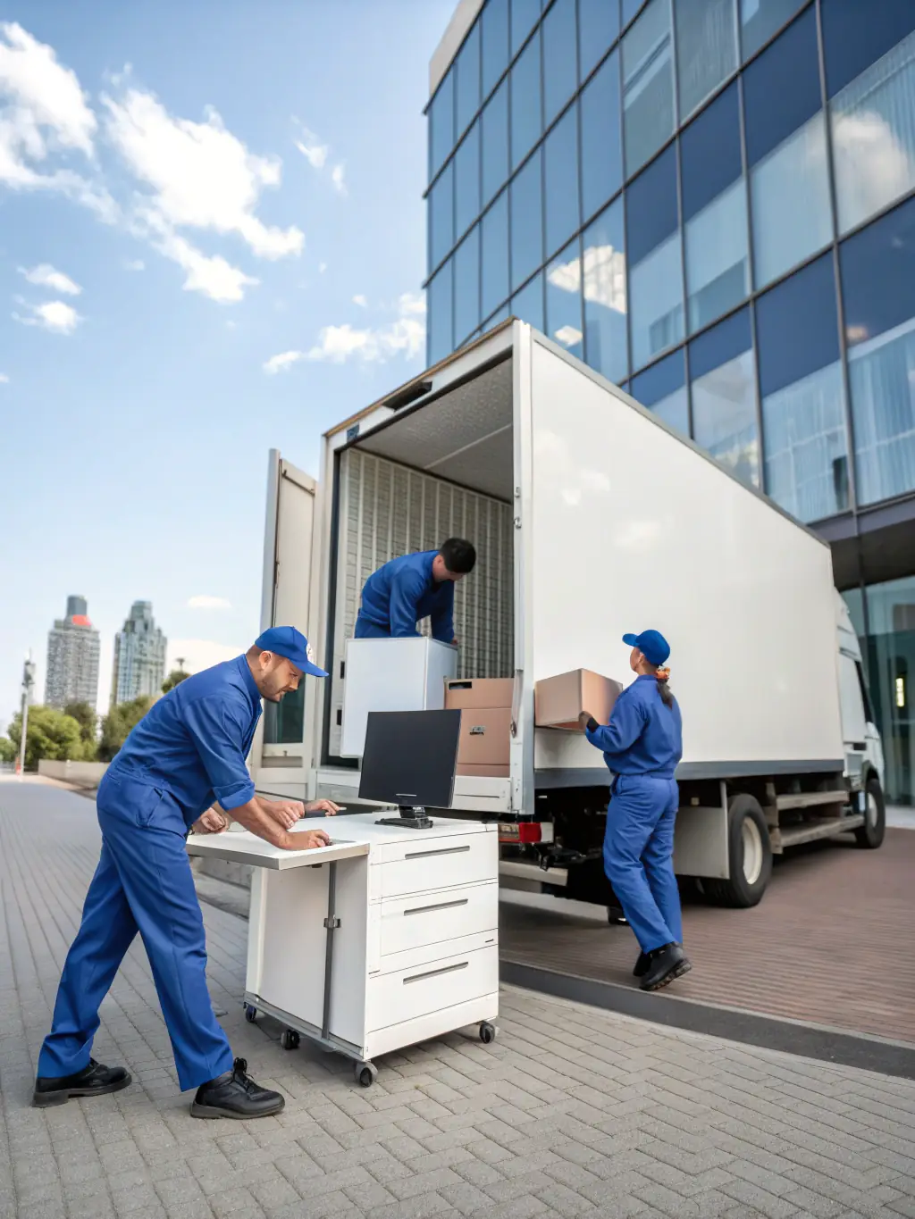 A picture showcasing a team of movers loading boxes and equipment into a large moving truck outside a commercial building, representing Déménagement et Entreposage A.M. Inc.'s commercial moving services.