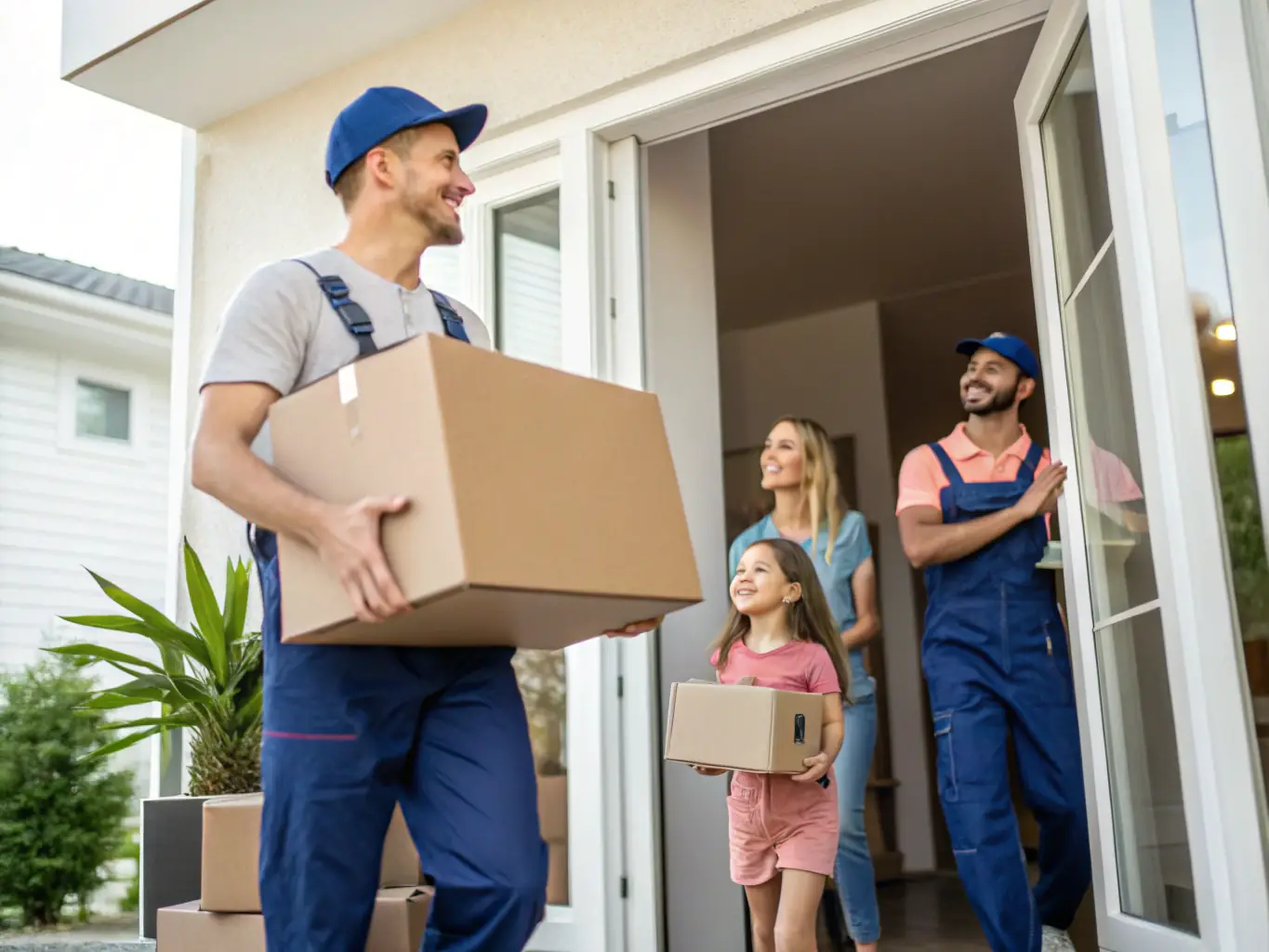 A high-quality photograph depicting a family happily moving into their new home, with Déménagement et Entreposage A.M. Inc. moving trucks visible in the background.